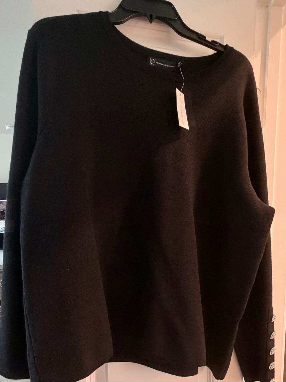New York & Company Black Crewneck Pullover Sweater with Jeweled Sleeves 2XL